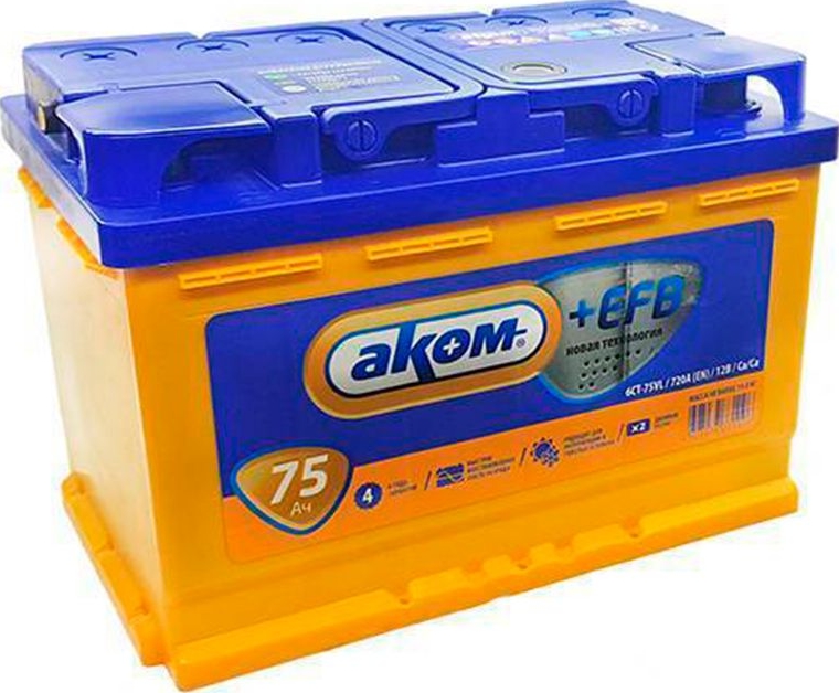 Автомобильный аккумулятор АКОМ 75 А/Ч, прямая полярность