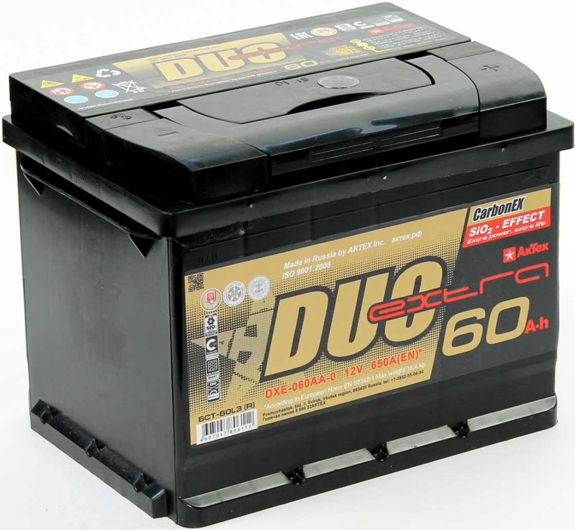 Автомобильный аккумулятор DUO EXTRA 60 А/Ч, прямая полярность