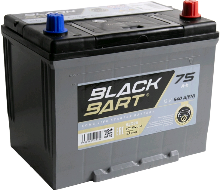 Автомобильный аккумулятор BLACKBART 75 А/Ч, прямая полярность