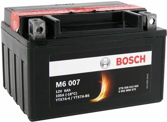 Автомобильный аккумулятор BOSCH 6 А/Ч, прямая полярность